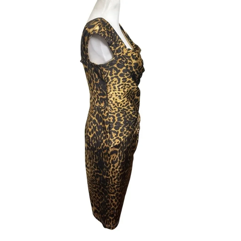 TADASHI Collection Dress Leopard Print Ruched Bodycon Women’s Size 6 Midi